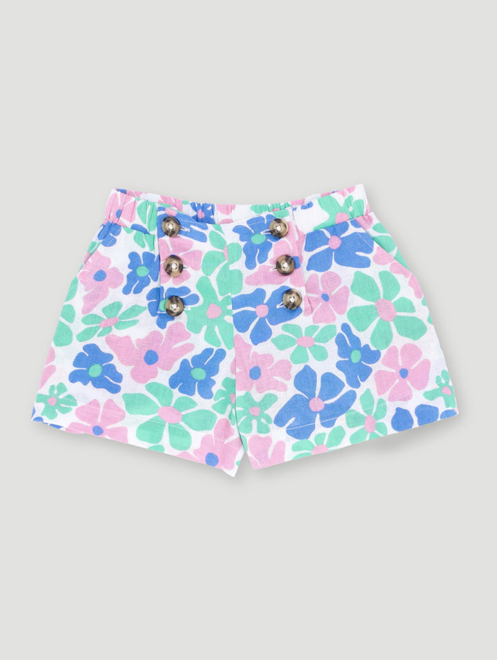 Pre-Girls Floral Flat Front Button Short - Blue