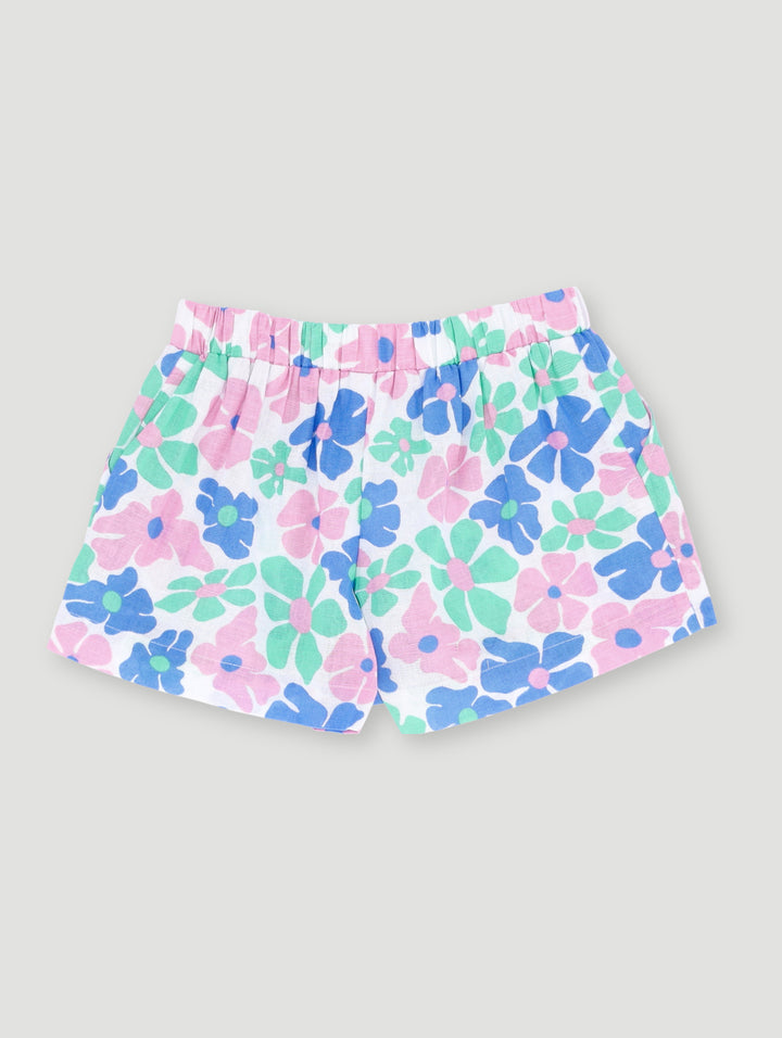 Pre-Girls Floral Flat Front Button Short - Blue