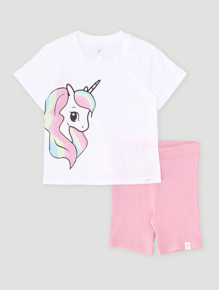 Pre-Girls Unicorn Tee & Cycle Short Set - White