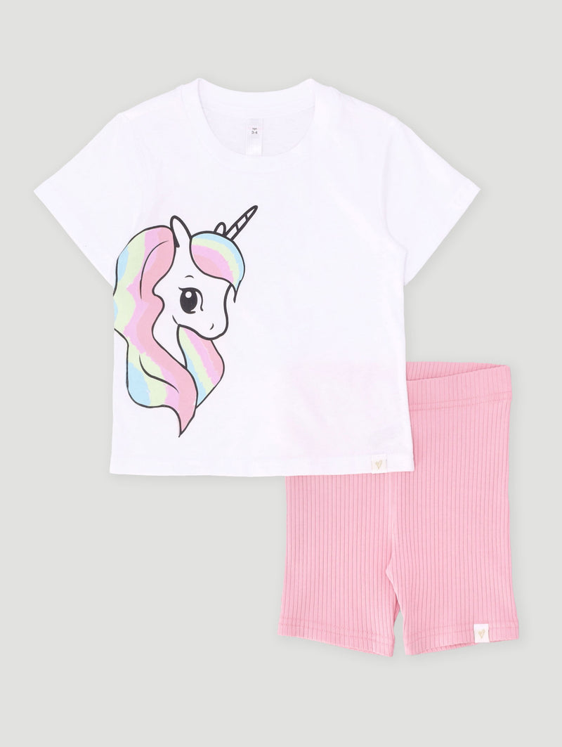 Pre-Girls Unicorn Tee & Cycle Short Set - White