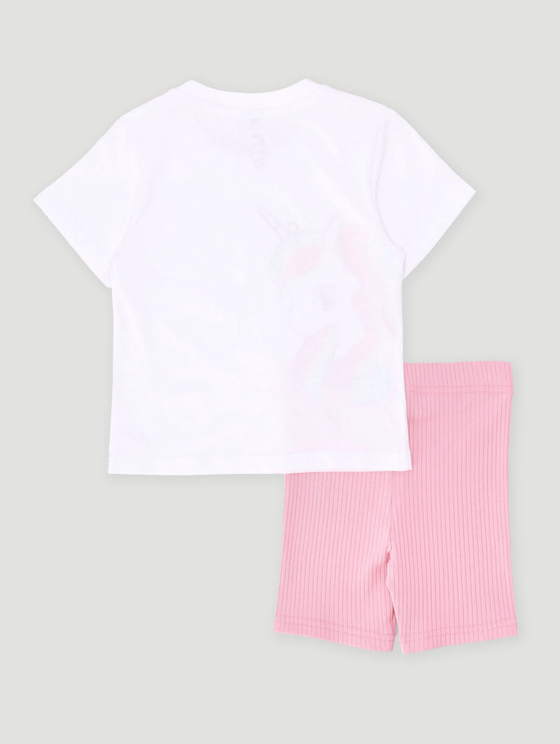 Pre-Girls Unicorn Tee & Cycle Short Set - White