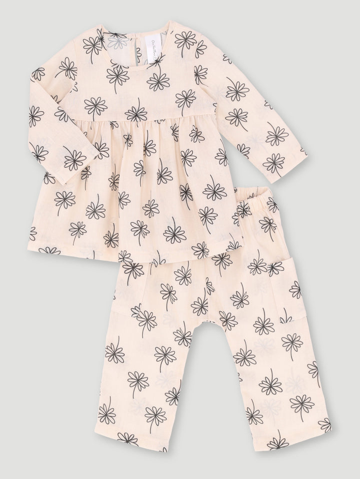 Baby Girls Flowers Print Linen Set - Light Stone