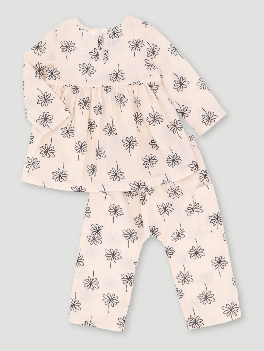 Baby Girls Flowers Print Linen Set - Light Stone