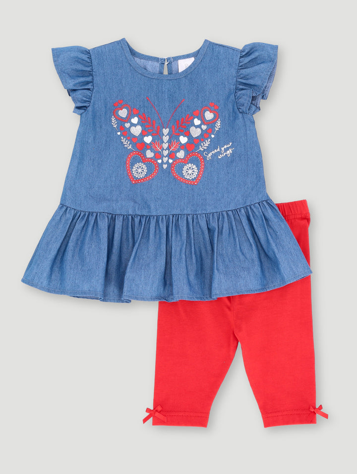 Baby Girls Butterfly Denim Tunic Set - Red