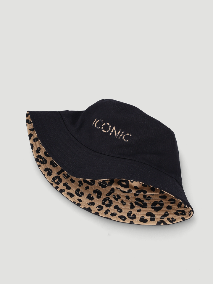 Girls Leopard Print Reversable Bucket Hat - Black