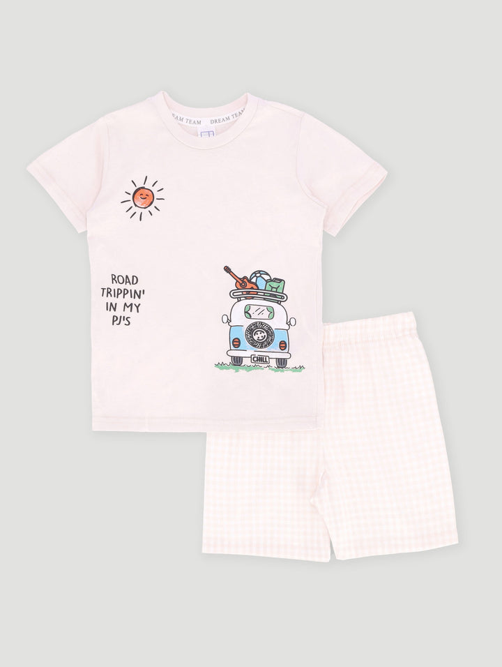 Pre-Boys Road Trip Top & Bottom Woven Sleep Set - Stone