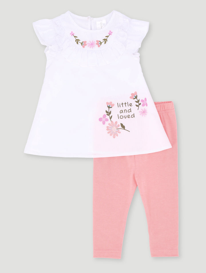 Baby Girls Little & Loved Frill Flowers Tunic Set - White/Peach