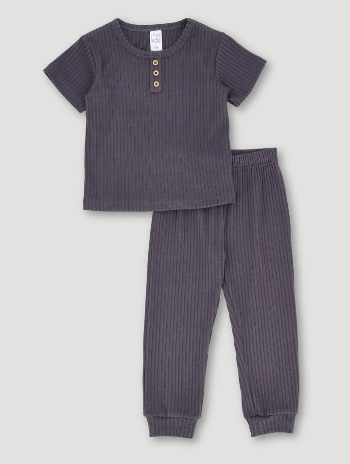 Pre-Boys Short Sleeve Long Bottom Ribbed Sleep Set - Grey