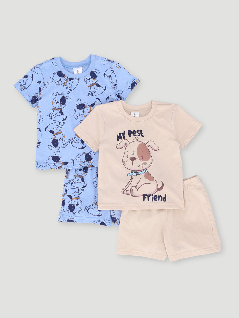 Baby Boys 2 Pack Puppies PJ Babygrow - Stone/Blue