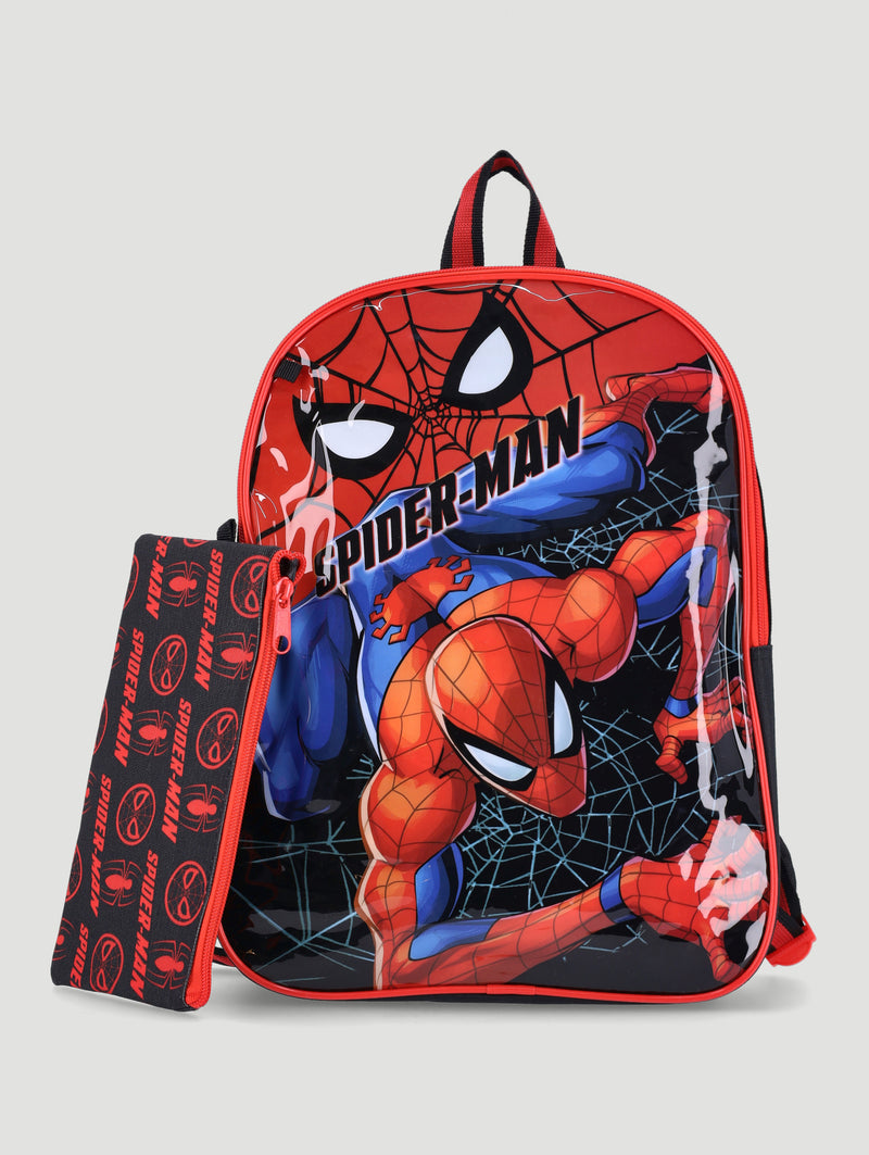 Pre-Boys Spiderman Webbed Backpack With Pencil Case - Red