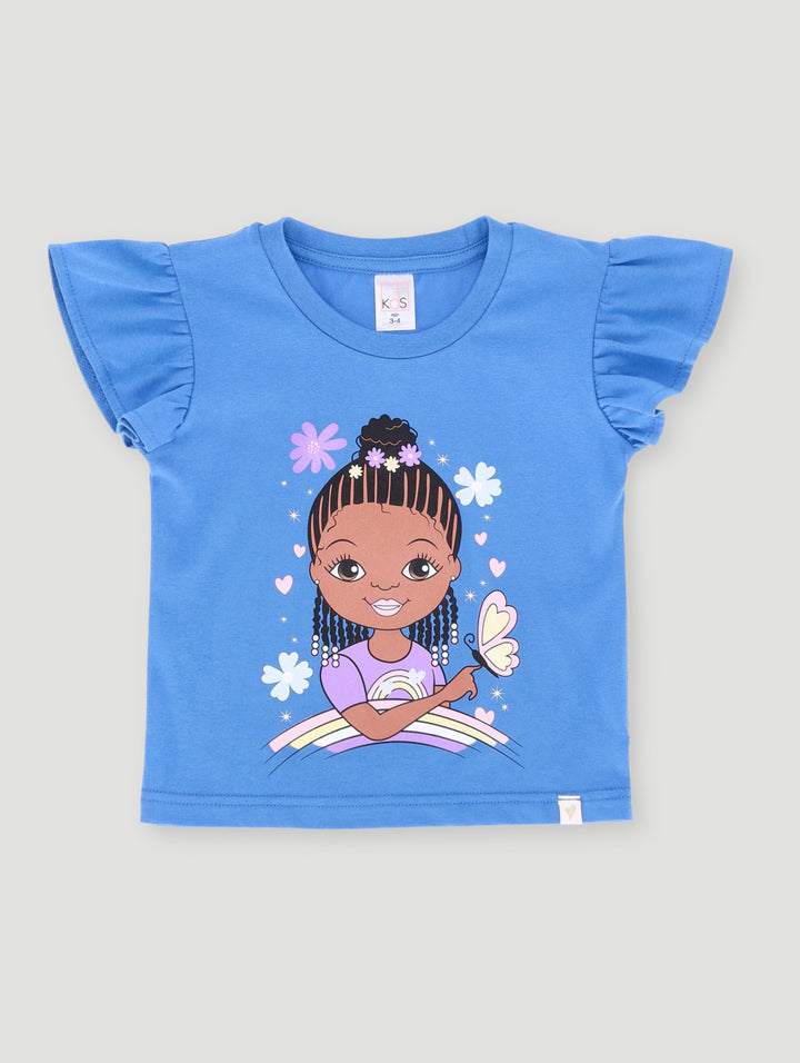 Pre-Girls Frill Sleeve Rainbow Girl Tee - Blue