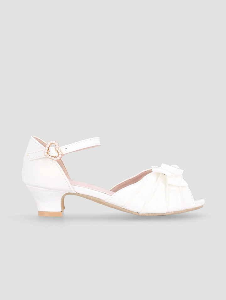 Pre-Girls Pleated Bow Heel - White