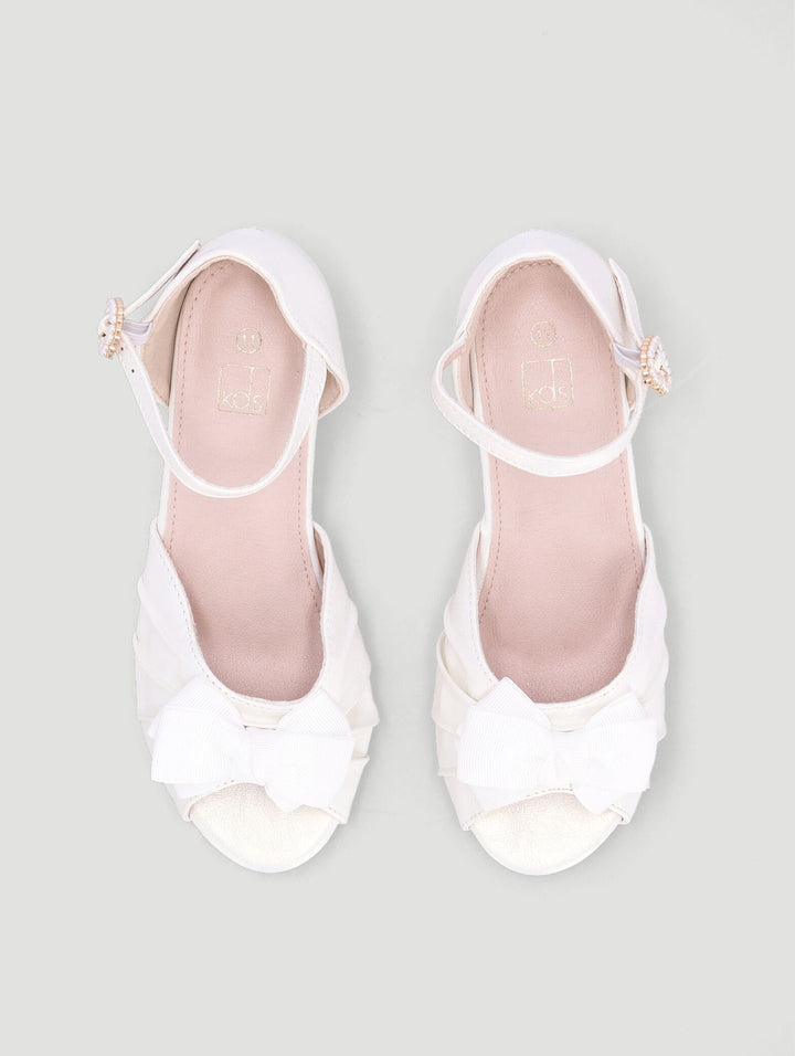 Pre-Girls Pleated Bow Heel - White