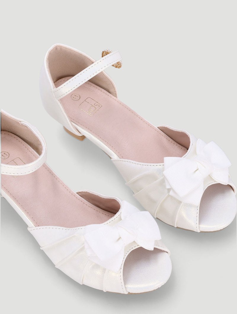 Pre-Girls Pleated Bow Heel - White