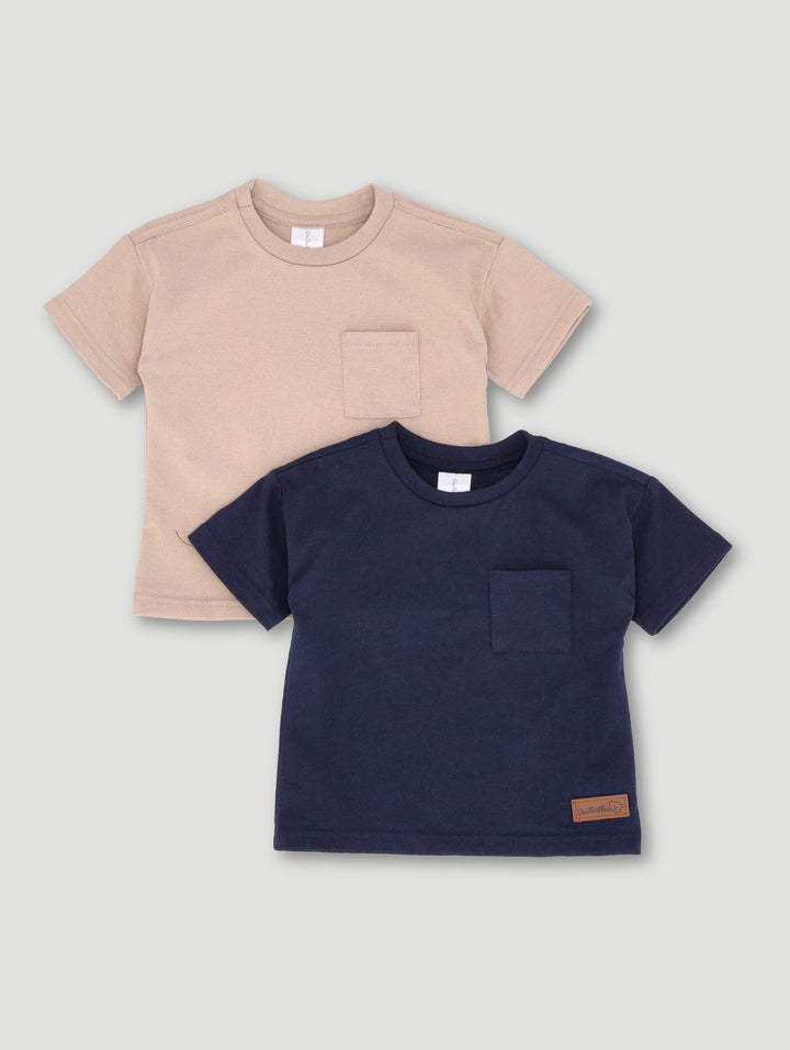 Baby Boys 2 Pack Bear Badge Plain Knit Tee - Stone/Blue