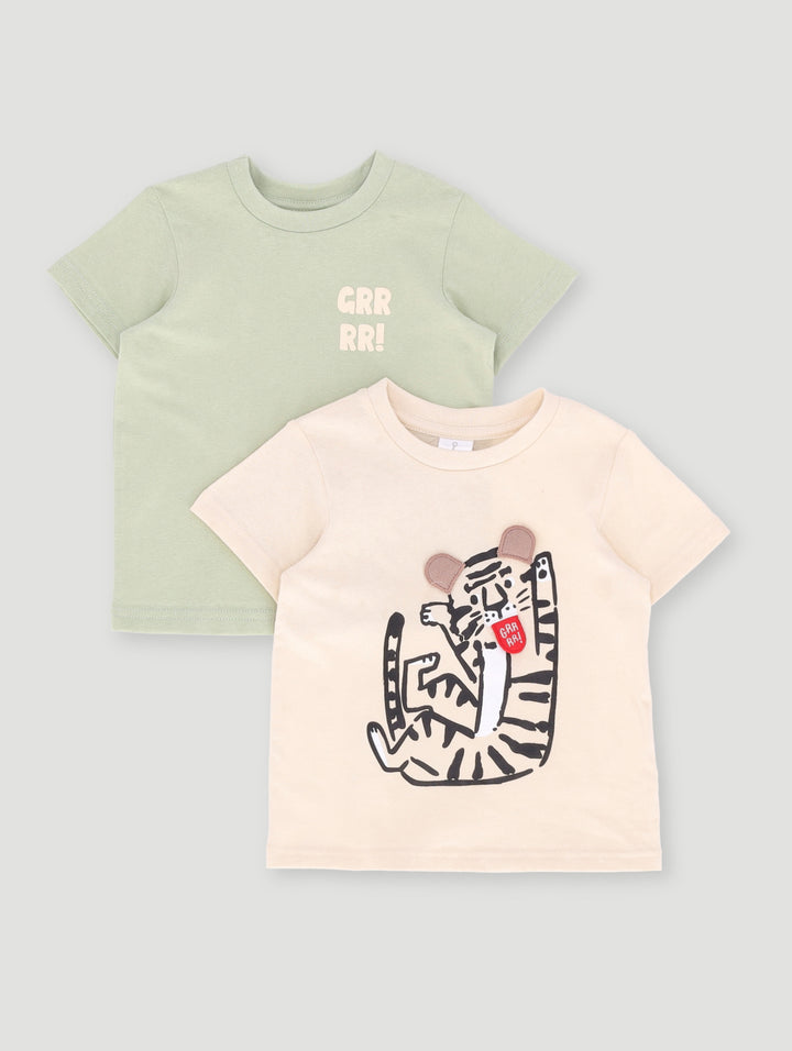 Baby Boys Tiger 3D 2 Pack Knit Tee - Cream/Green