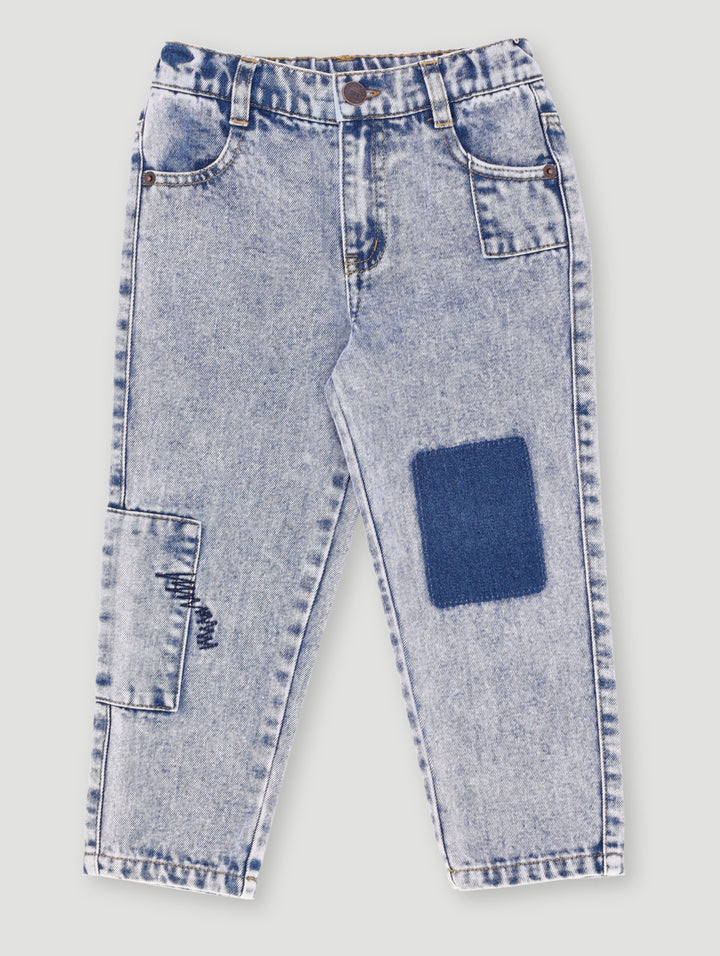 Pre- Boys Fashion Patch Straight Leg Denim - Acid Wash