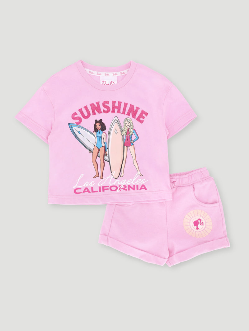 Pre- Girls Barbie Boxy Tee & Fleece Short Set - Lilac