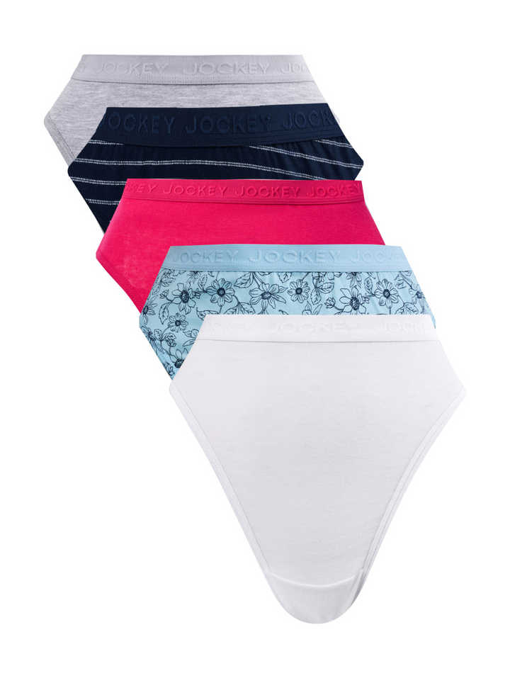 5 Pack Cotton Hi-Cut Tonal Print Panties - White/Bloom/Red/Navy