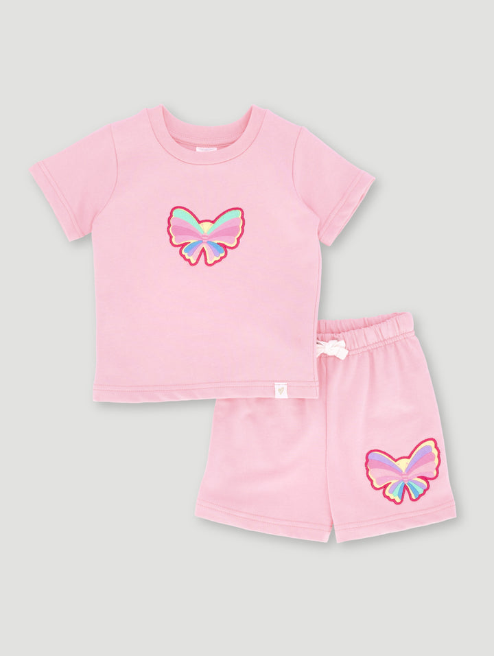 Baby Girls Embroidered Butterfly Short Set  - Dusty Pink