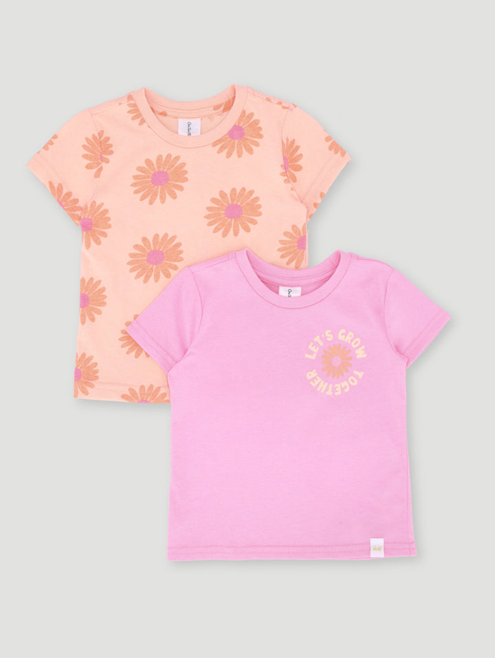 Baby Girls 2 Pack Flower Print Tee - Pink/Orange