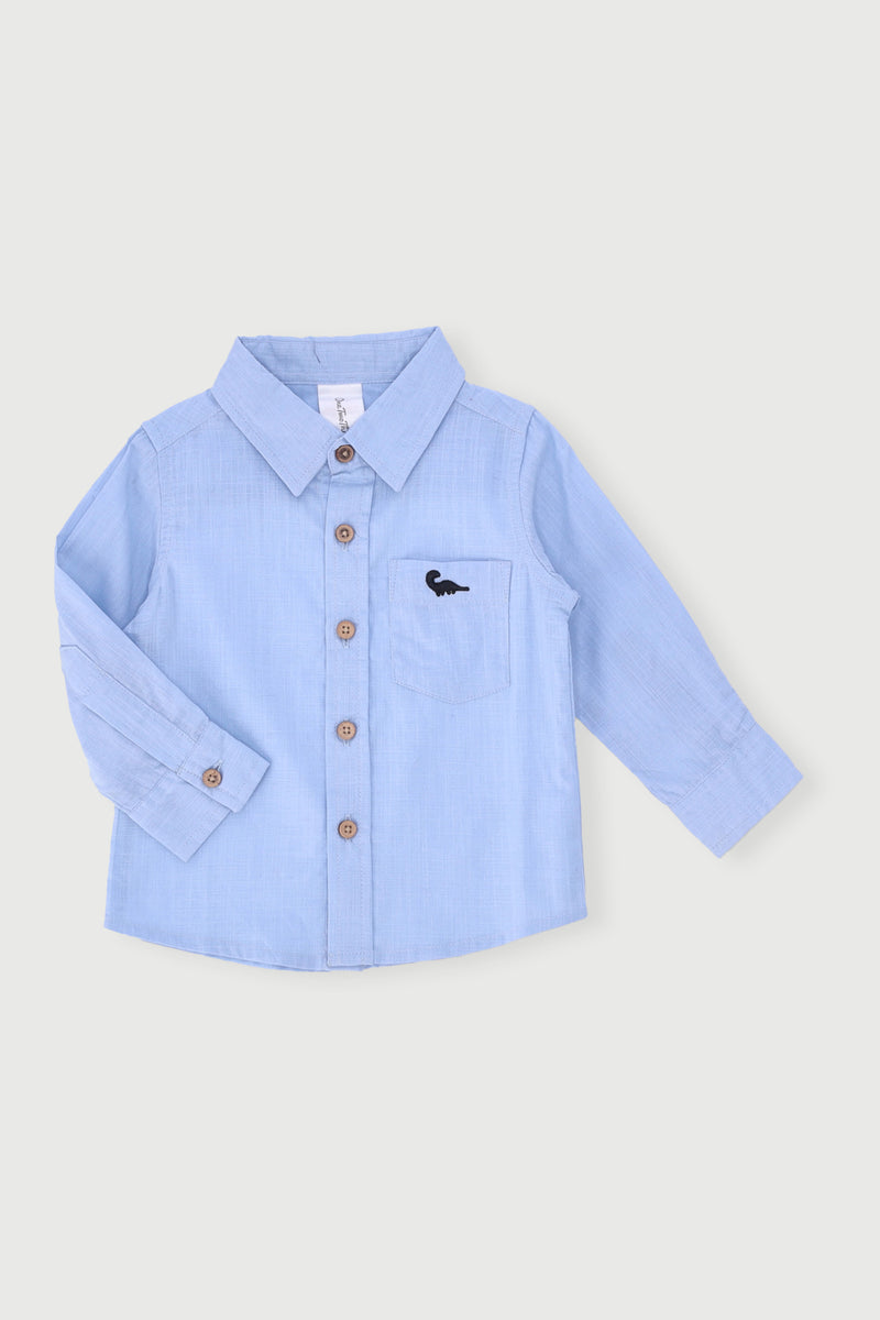 Baby Boys Plain Embroidered Dino Long Sleeve Smart Shirt - Sky Blue