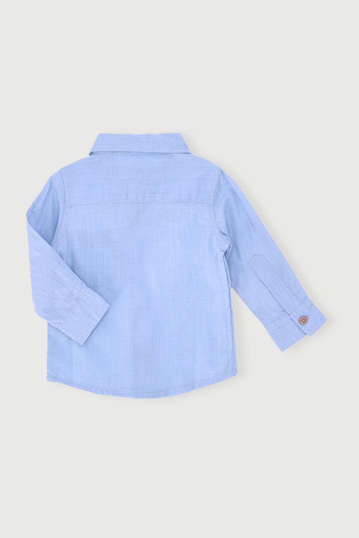 Baby Boys Plain Embroidered Dino Long Sleeve Smart Shirt - Sky Blue