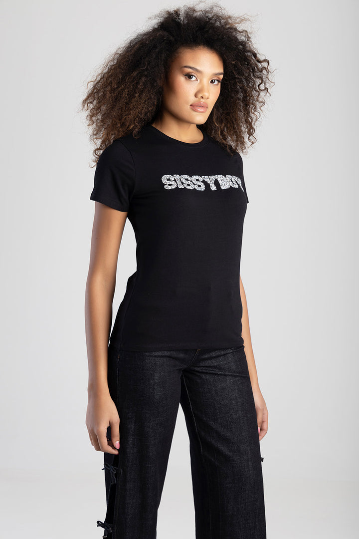 Bold Move Regular Fit Top With Bling Design - Black