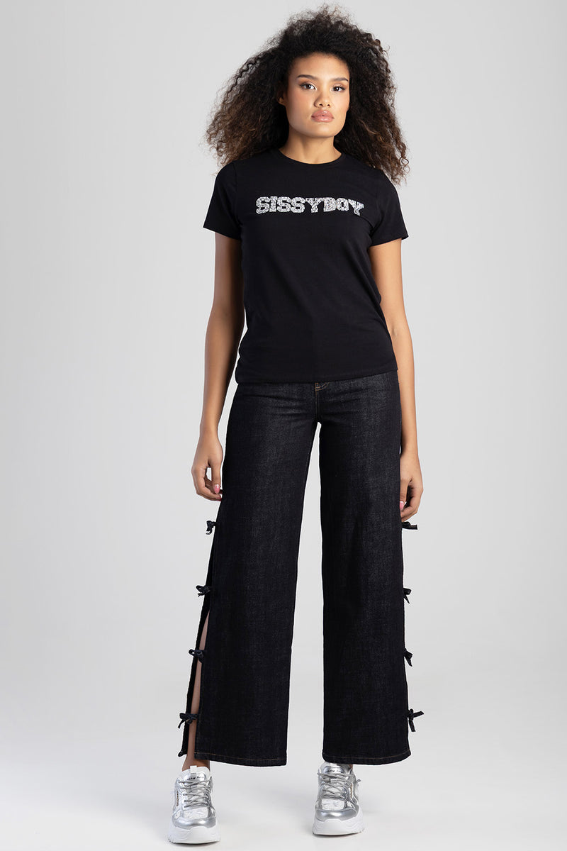 Bold Move Regular Fit Top With Bling Design - Black