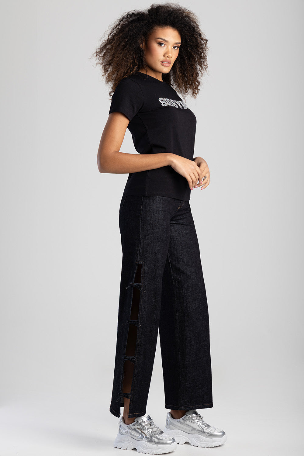 Bold Move Regular Fit Top With Bling Design - Black