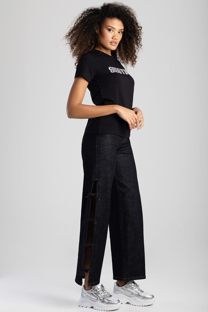 Bold Move Regular Fit Top With Bling Design - Black
