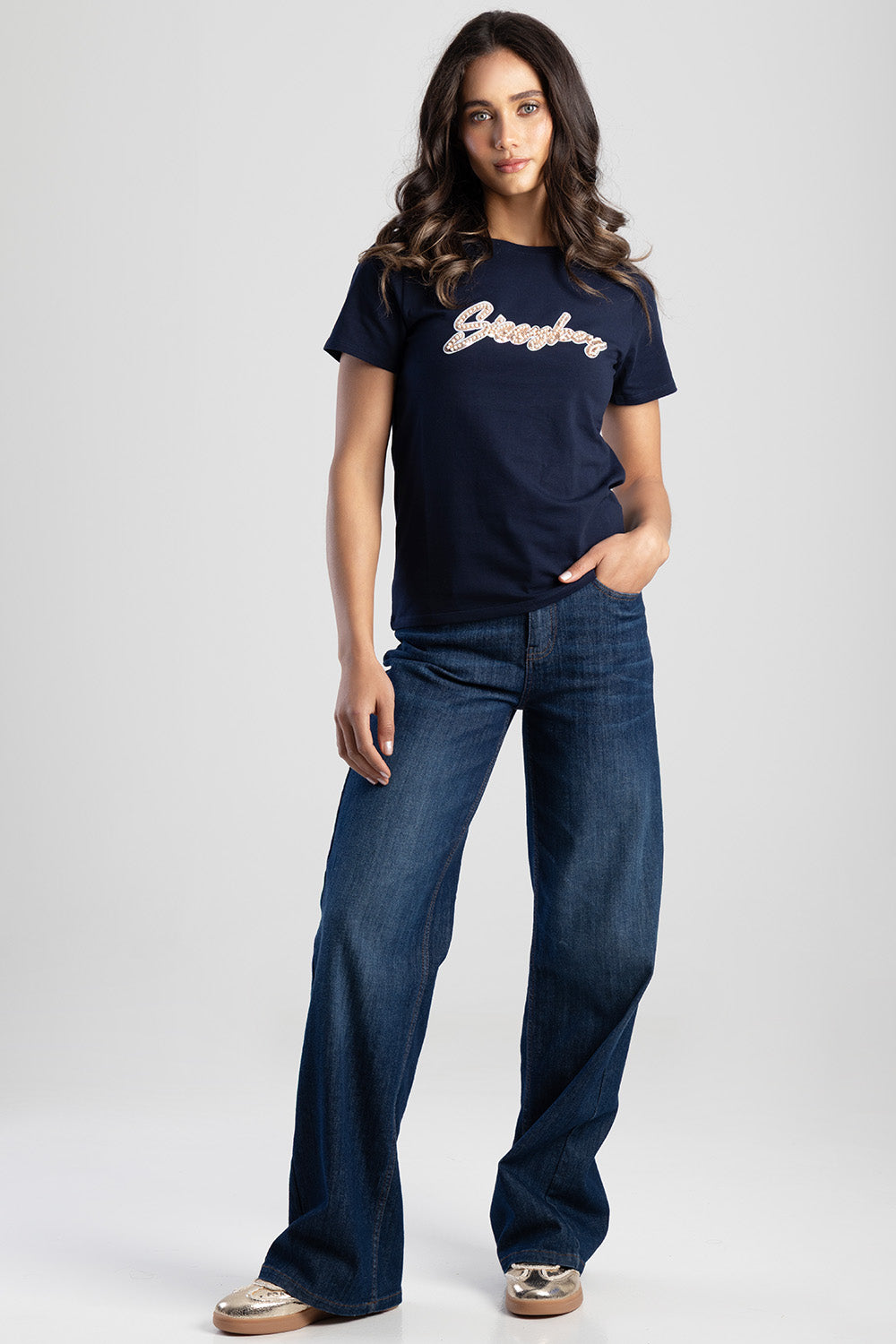 Love & Be Loved Regular Fit Sequin And Pearl Top - Navy