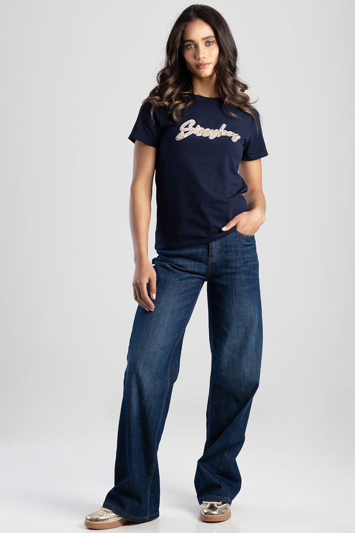 Love & Be Loved Regular Fit Sequin And Pearl Top - Navy