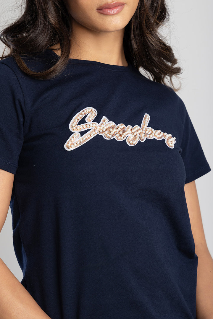 Love & Be Loved Regular Fit Sequin And Pearl Top - Navy