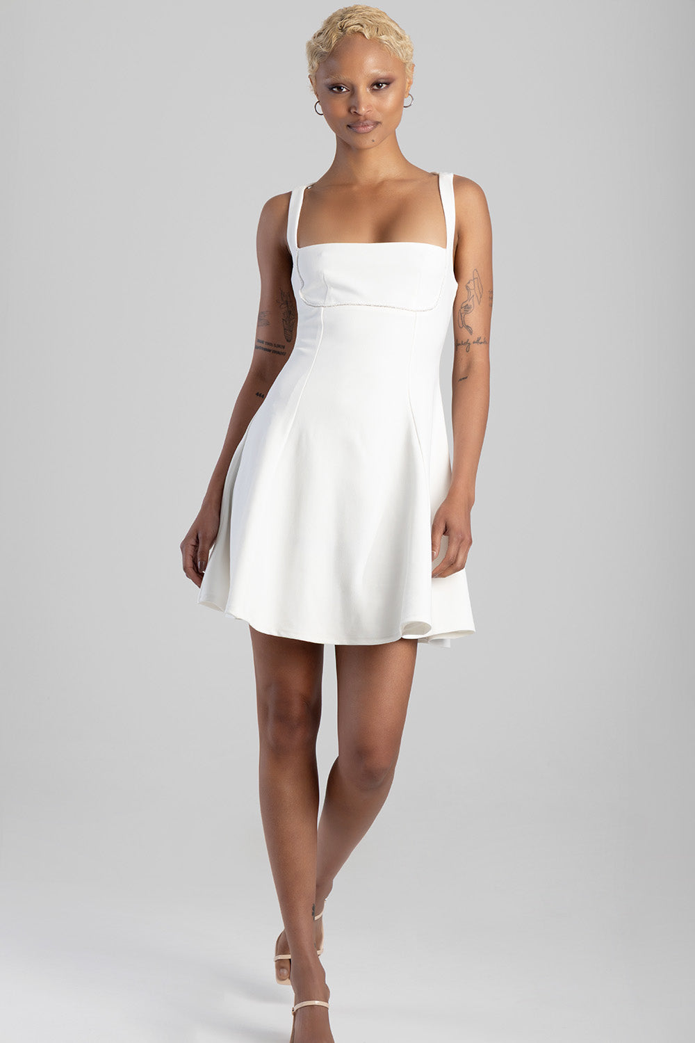 Square Neckline Fit And Flare Mini Dress - Off White