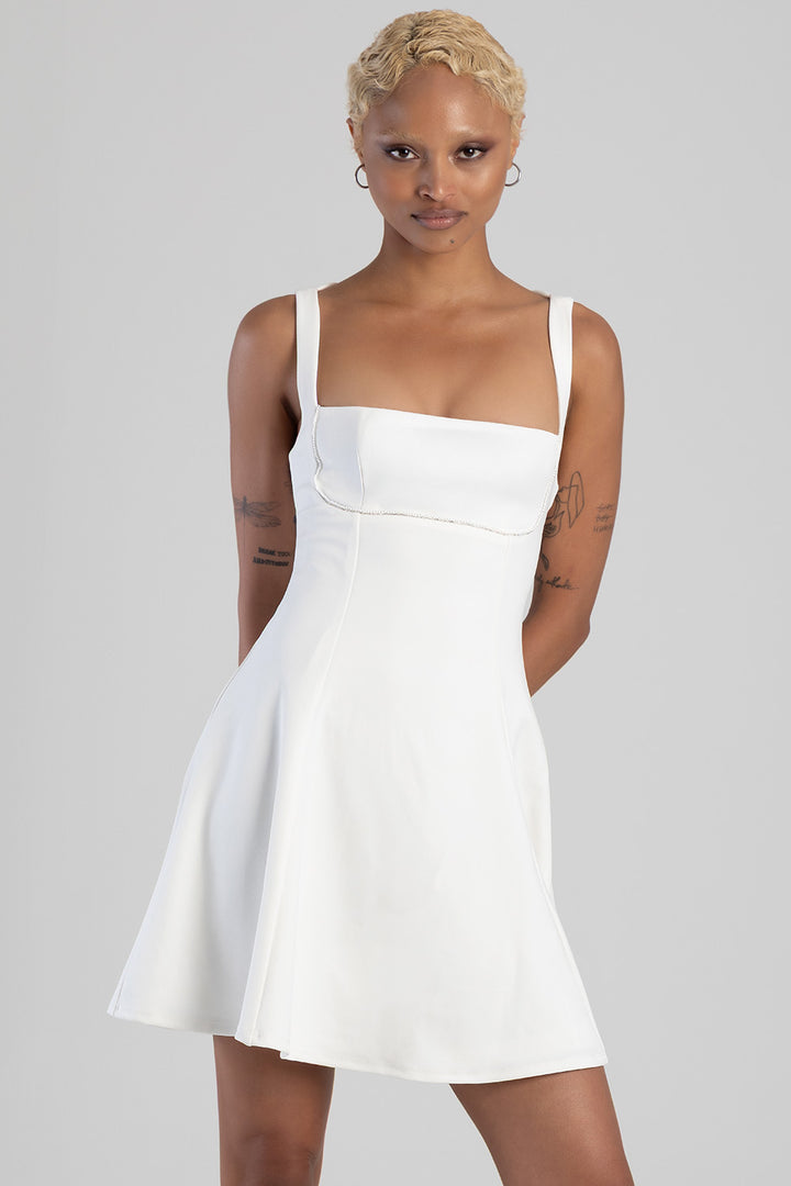 Square Neckline Fit And Flare Mini Dress - Off White