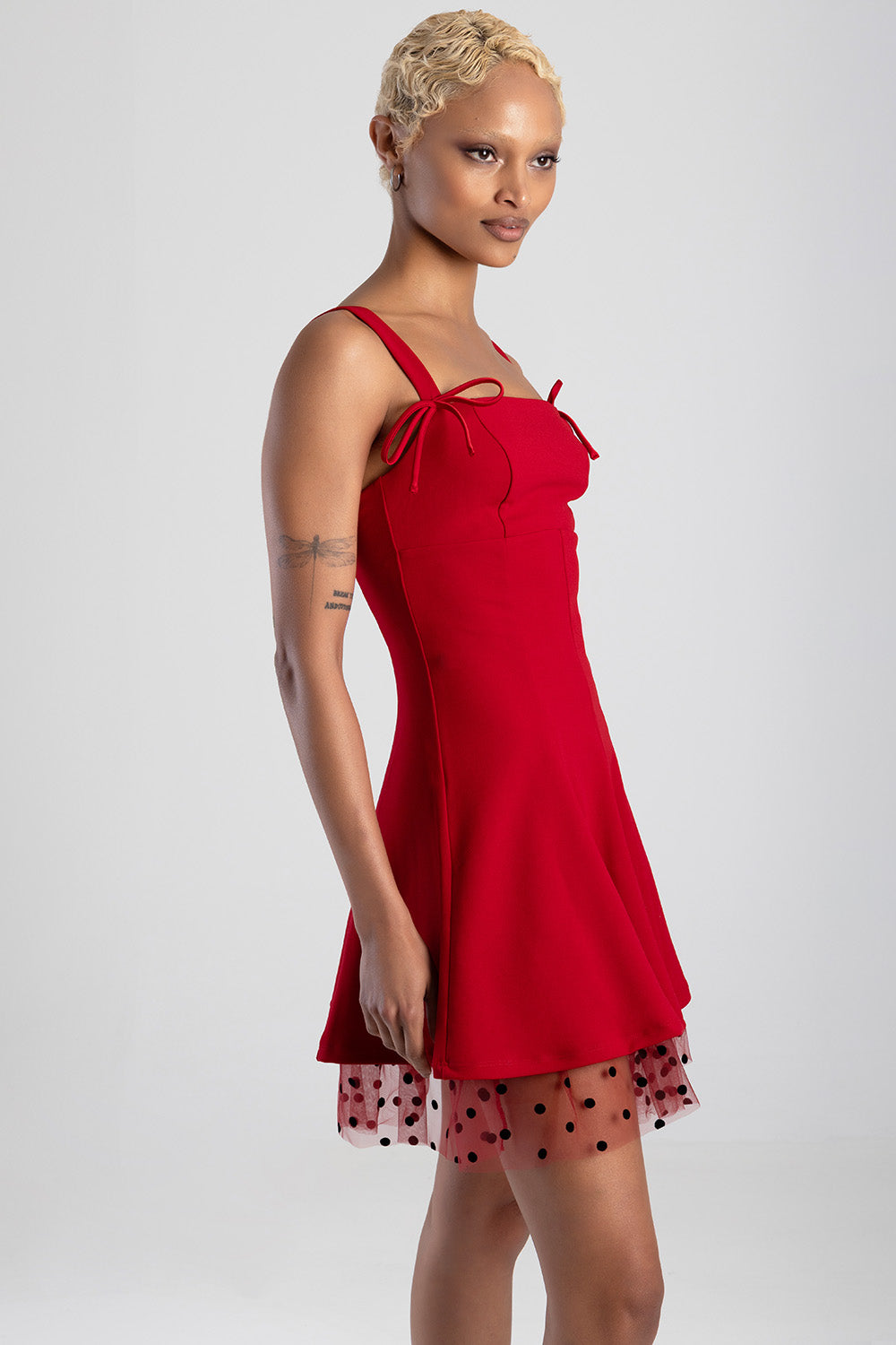 Straight Neckline Bow Detail Mini Dress - Red