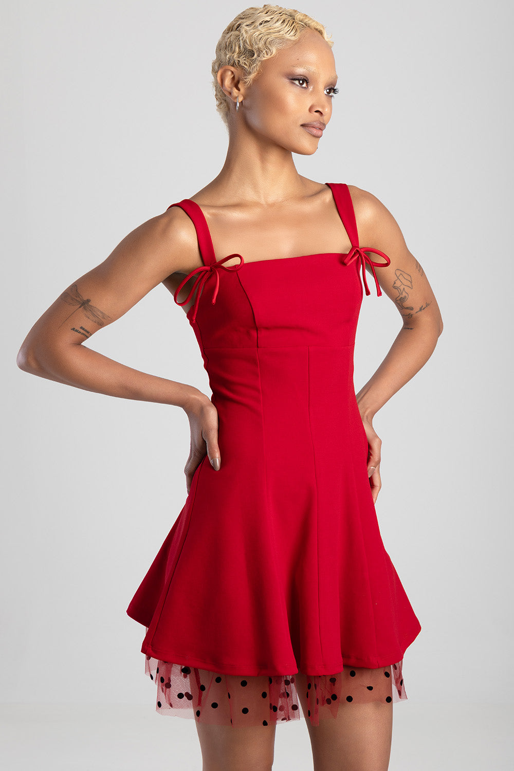 Straight Neckline Bow Detail Mini Dress - Red