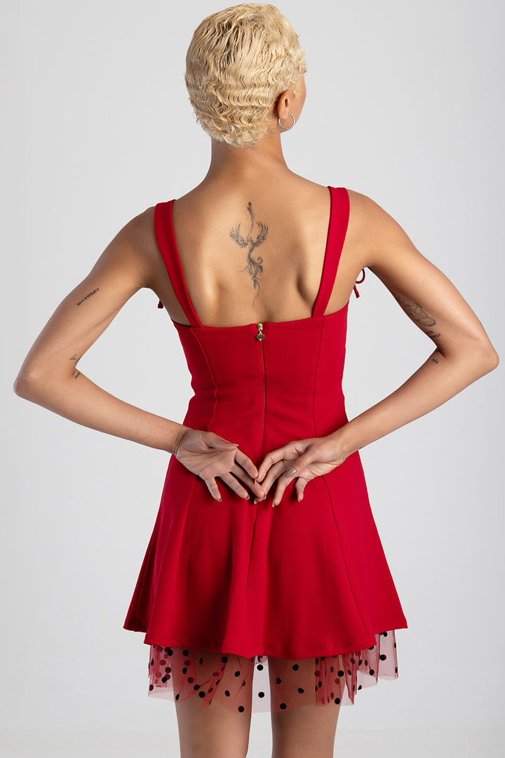 Straight Neckline Bow Detail Mini Dress - Red
