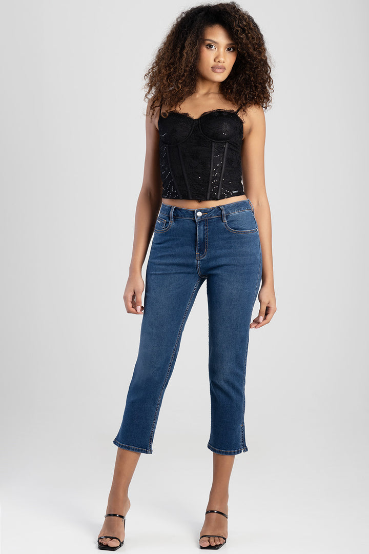 Mid Waist Capri Denim With Side Seam Slit & Back Pocket - Mid Blue