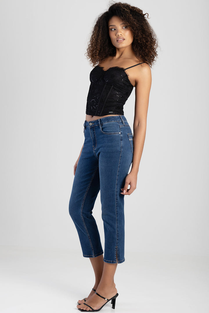 Mid Waist Capri Denim With Side Seam Slit & Back Pocket - Mid Blue