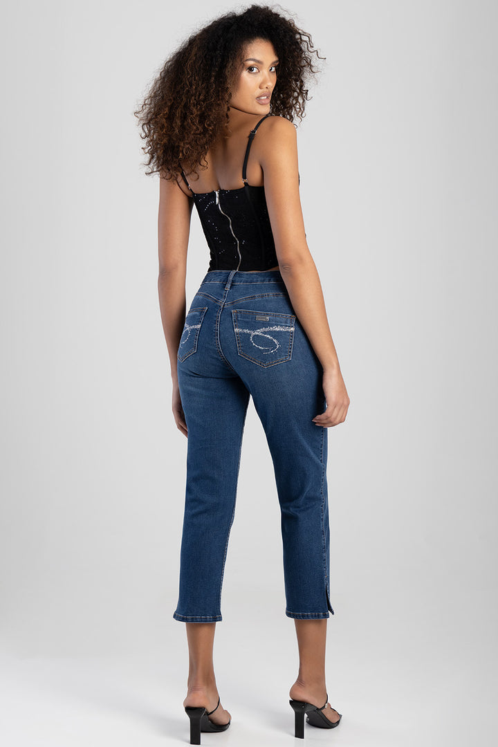 Mid Waist Capri Denim With Side Seam Slit & Back Pocket - Mid Blue