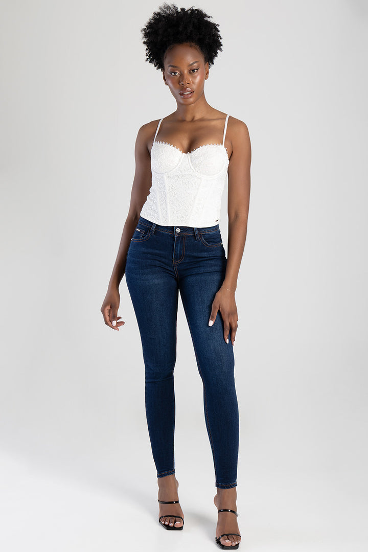 Full Pocket Embroidery Detail Mid Waist Skinny Jean - Dark Blue