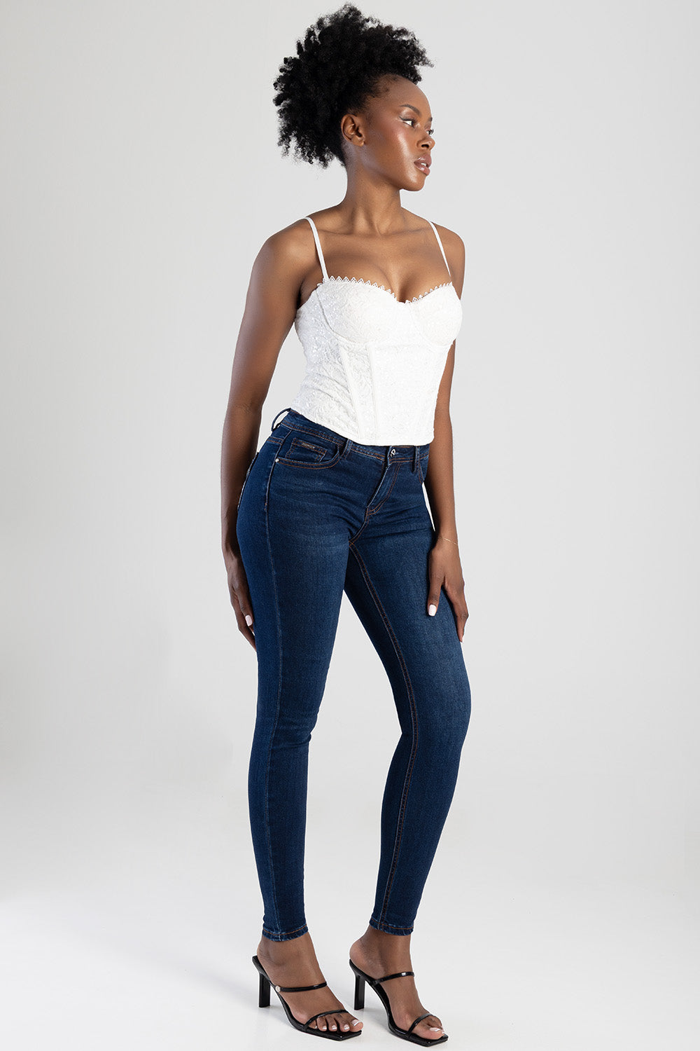 Full Pocket Embroidery Detail Mid Waist Skinny Jean - Dark Blue