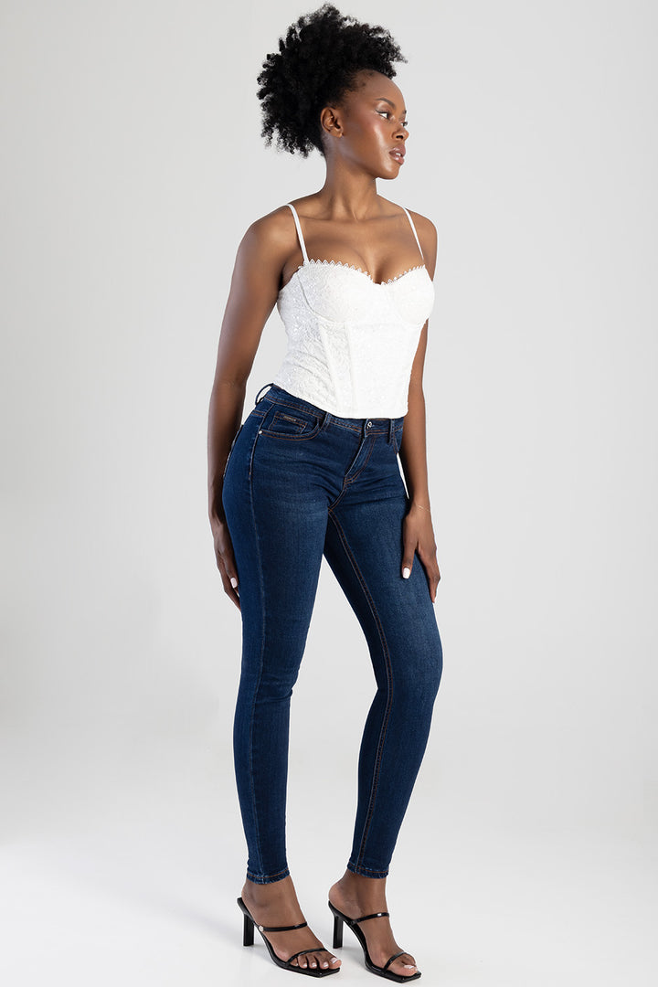 Full Pocket Embroidery Detail Mid Waist Skinny Jean - Dark Blue