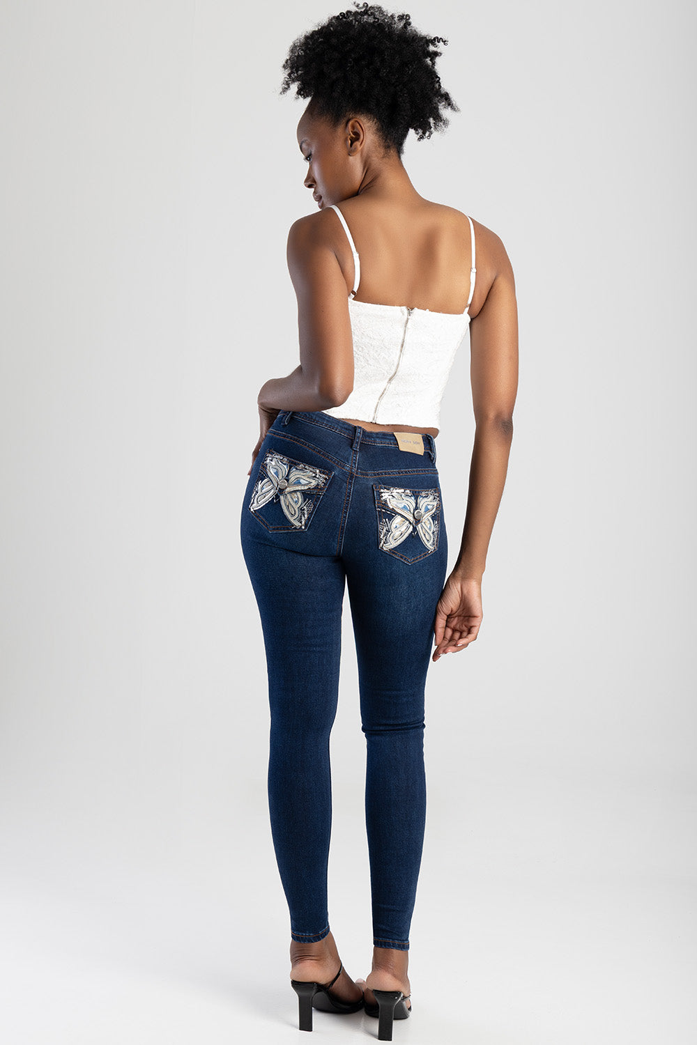 Full Pocket Embroidery Detail Mid Waist Skinny Jean - Dark Blue