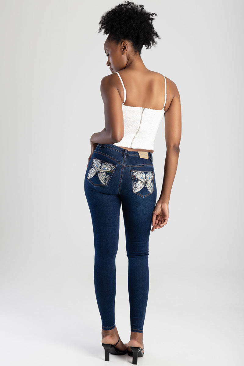 Full Pocket Embroidery Detail Mid Waist Skinny Jean - Dark Blue