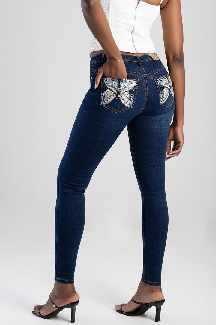 Full Pocket Embroidery Detail Mid Waist Skinny Jean - Dark Blue