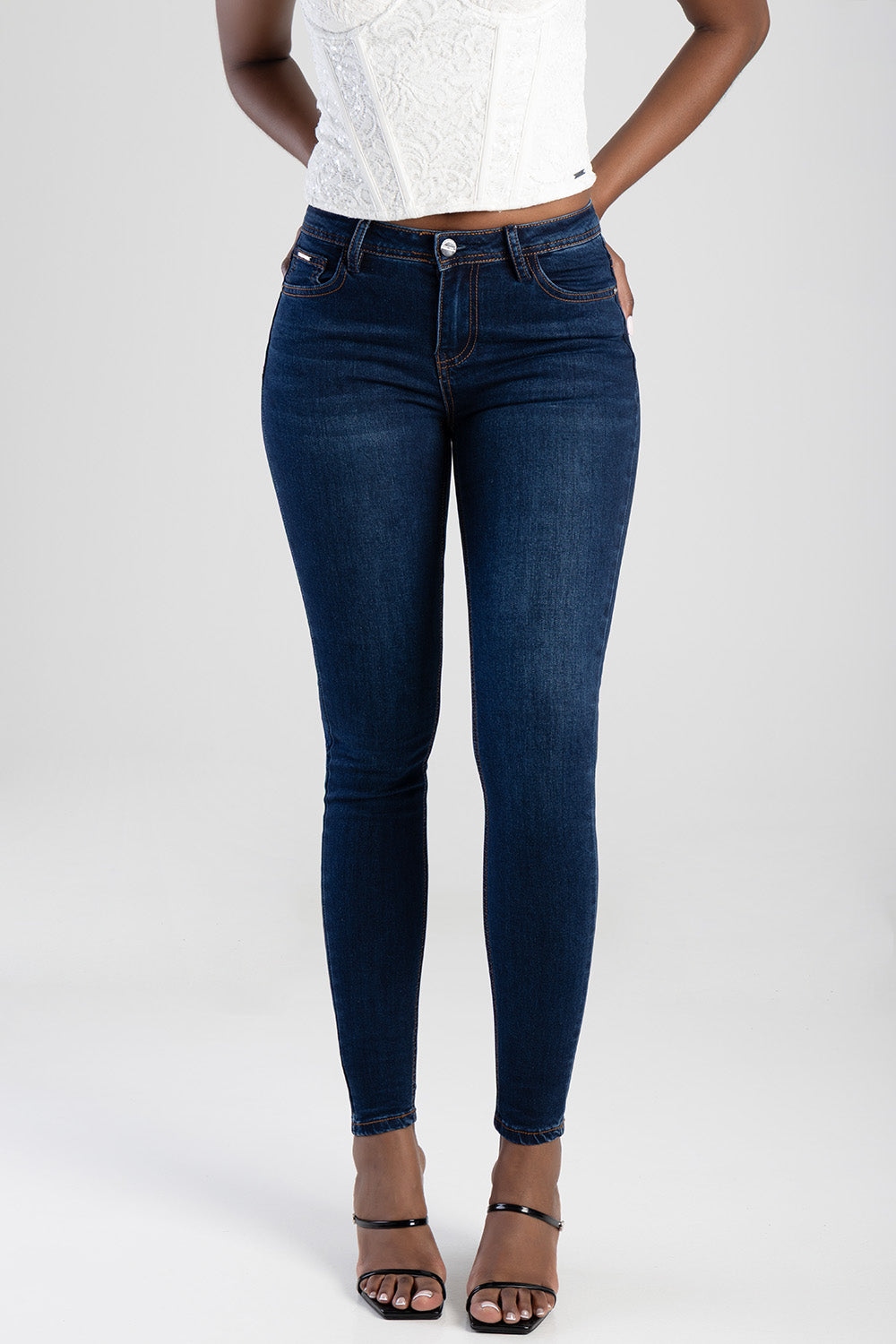 Full Pocket Embroidery Detail Mid Waist Skinny Jean - Dark Blue