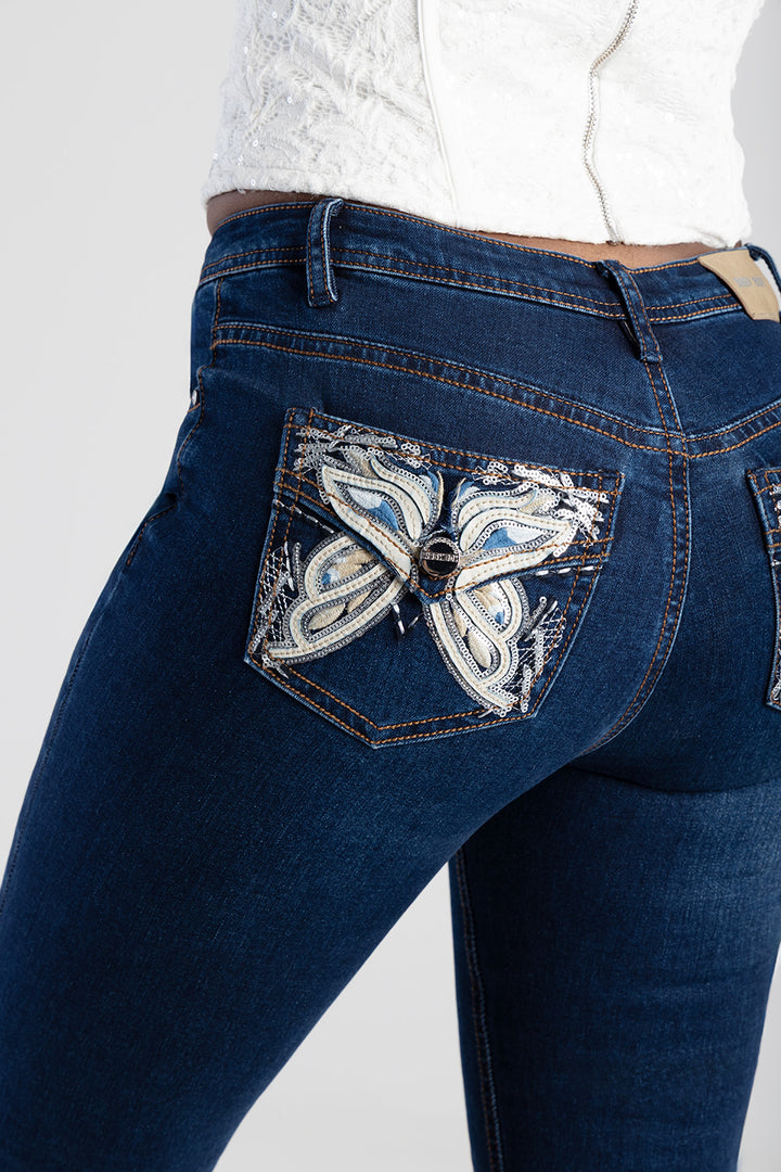 Full Pocket Embroidery Detail Mid Waist Skinny Jean - Dark Blue